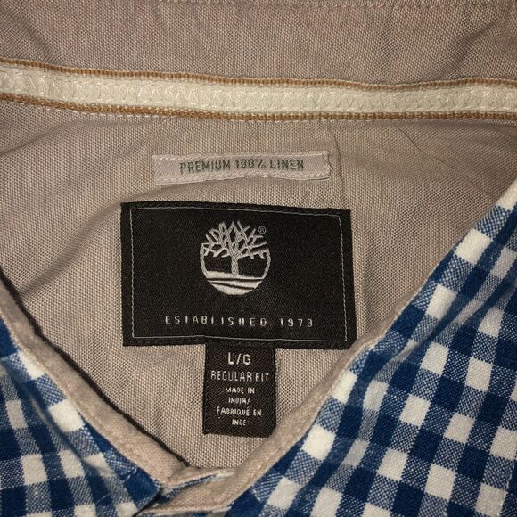 Timberland Mens Shirt Large Premium 100% Linen Blue Gingham Check Short Sleeve - Picture 3 of 5